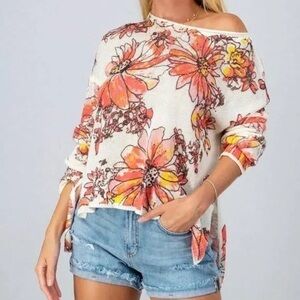 En Crème Cream Pink Floral Lightweight Hi Low Sweater Medium Spring